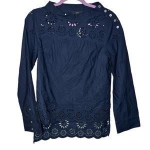 J. Crew Funnelneck Shirt In Eyelet Size 0 NWT Navy Blue